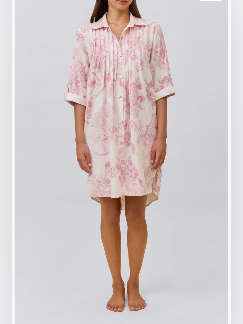 Papinelle M Pink Floral  Nightshirt Cotton Blend Pintuck Button High-Low Hem